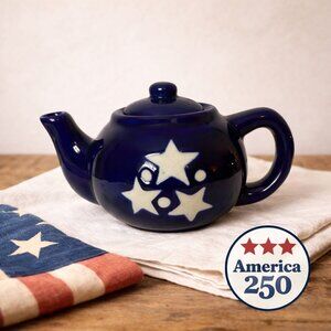 America 250 Mini Teapot Cobalt Blue Glazed Sandstone VTG Pottery Stars Patriotic